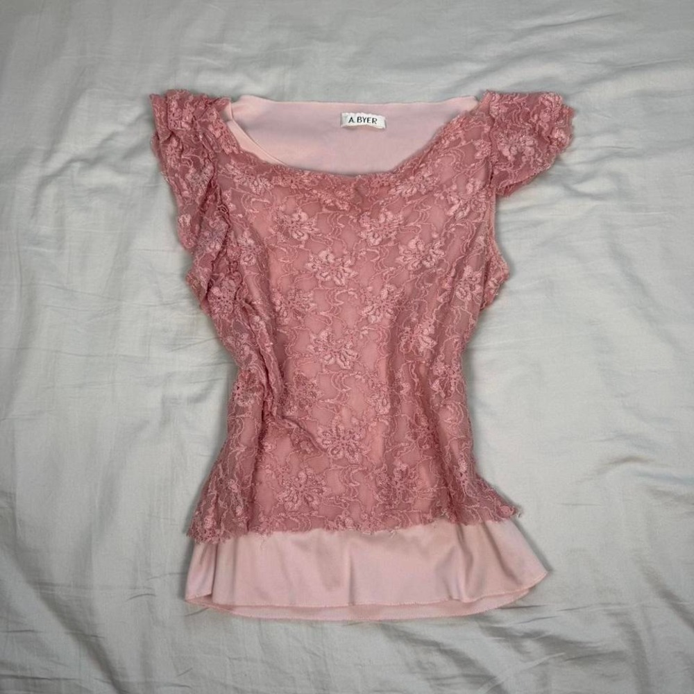 Vintage y2k A. Byer pink lace floral short sleeve top fairy coquette